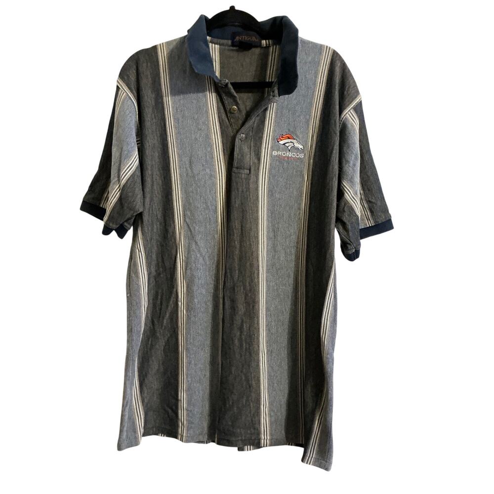 Antigua Denver Broncos Vintage Polo Shirt Mens XL Gray Stripe 100% Cotton